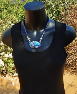 Image of Cloisonné Enamel Necklace with Blue Topaz Cabochons and Lapis Lazuli beads 