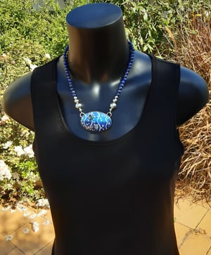 Image of Cloisonné Enamel Necklace with Blue Topaz Cabochons and Lapis Lazuli beads