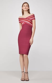 Herve Leger Striped off the Shoulder Sheath Dress