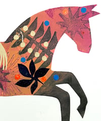 Image 4 of Gretchen , a pink and orange monoprinted horse with collage elements 