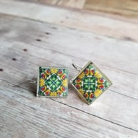 Image 1 of Mediterranean Tile Earrings - Green + Yellow + Red