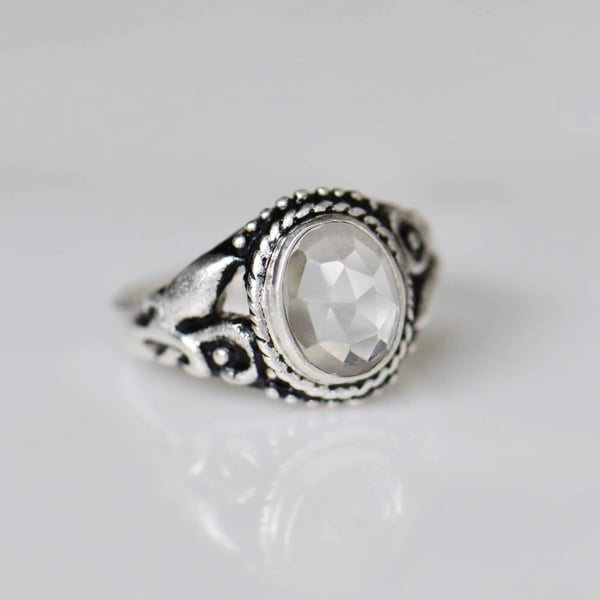 Image of Clear Quartz rose cut oval shape vintage style silver ring