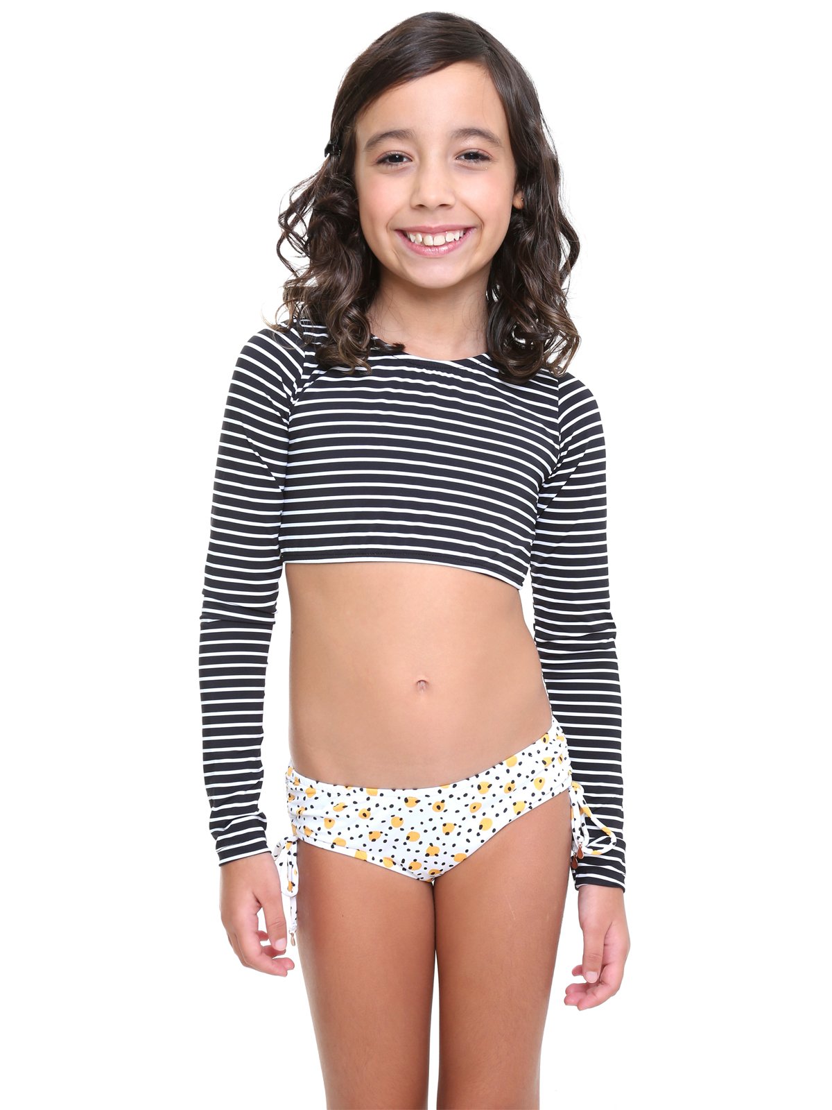 Image of Two-Piece Long Sleeve Swimsuit - Black Stripes/Polka Dots