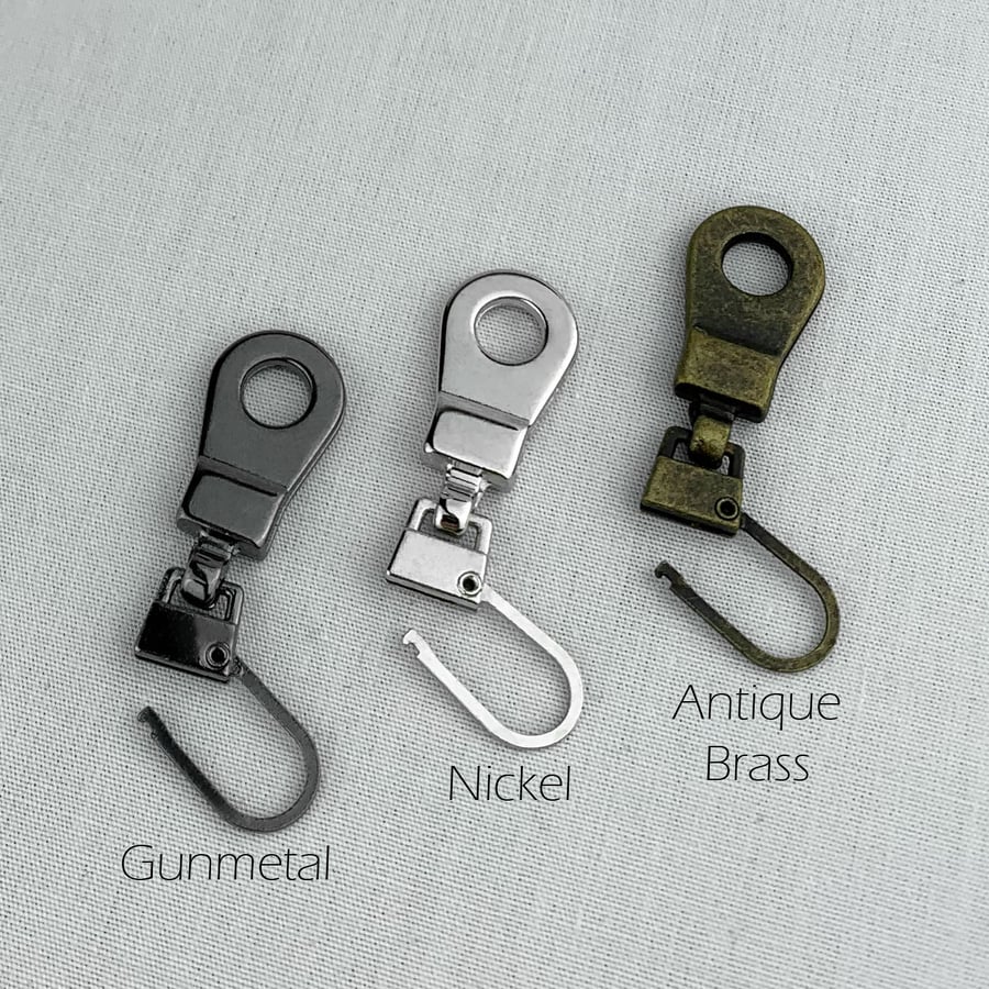 Image of Zipper Pull Replacement - Nickel, Gunmetal, Antique Brass - for Handbags, Backpacks, Sleeping Bags