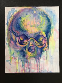 Blue Pink and Yellow Drip Skull 14x17 inch original artwork