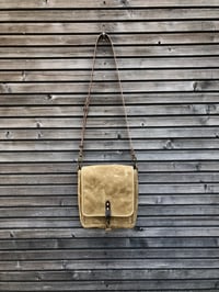 Image 1 of Messenger bag in waxed canvas with leather adjustable shoulder strap and closing flap medium size