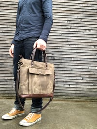 Image 4 of Briefcase in waxed filter twill with outside pocket  - Satchel with luggage handle attachment