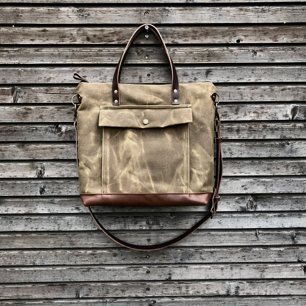 Image of Briefcase in waxed filter twill with outside pocket - Satchel with luggage handle attachment