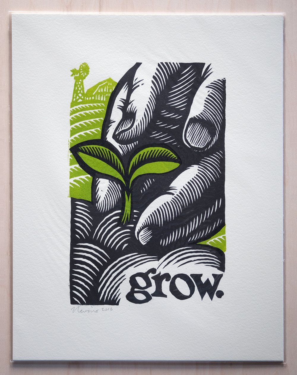 grow. 11"x14" HAND-PRINTED ORIGINAL BLOCK PRINT