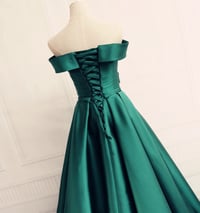 Image 2 of Dark Green Long Party Gown, Off Shoulder Satin Long Prom Dress