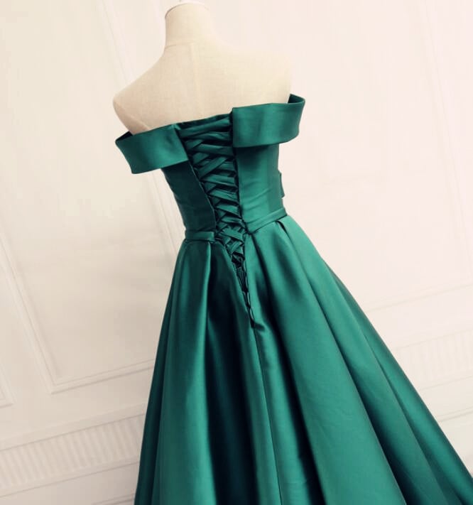 Dark Green Long Party Gown, Off Shoulder Satin Long Prom Dress