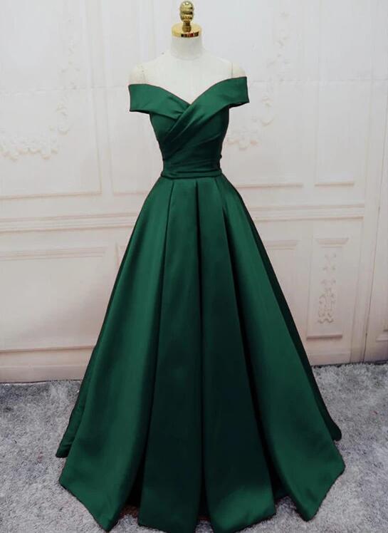 Dark Green Long Party Gown, Off Shoulder Satin Long Prom Dress