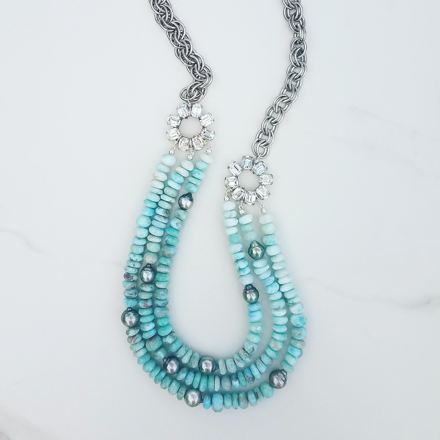 Vintage Rhinestone Larimar & Pearl Necklace