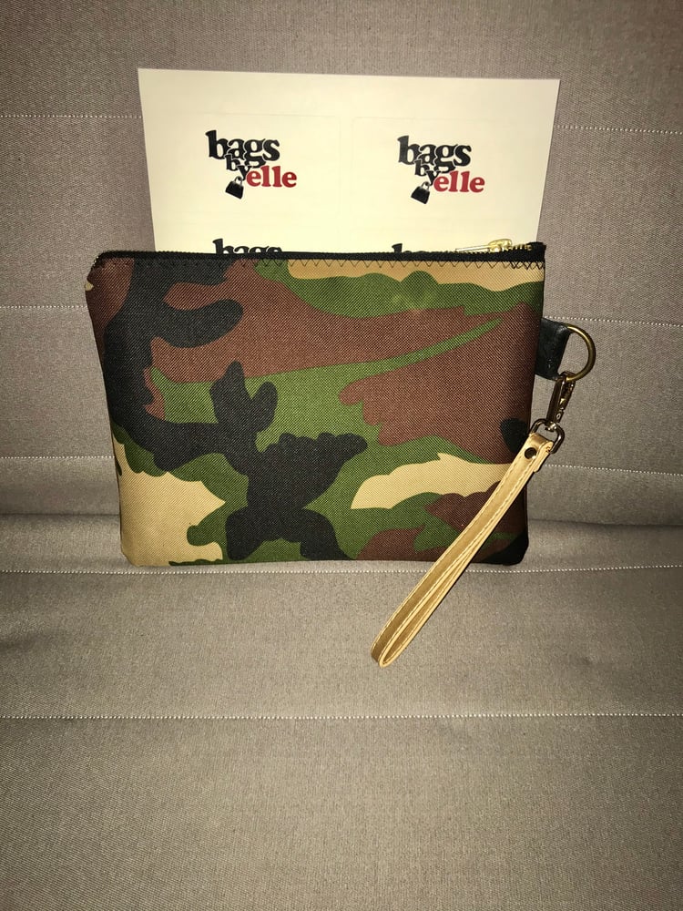 Image of Small gold leather and camo zippered pouch with removable wristlet