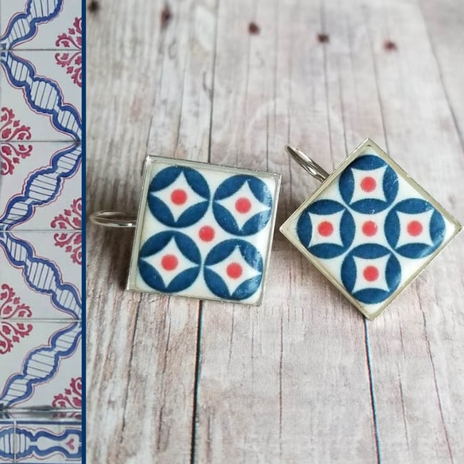 Mediterranean Tile Earrings - Navy + Red
