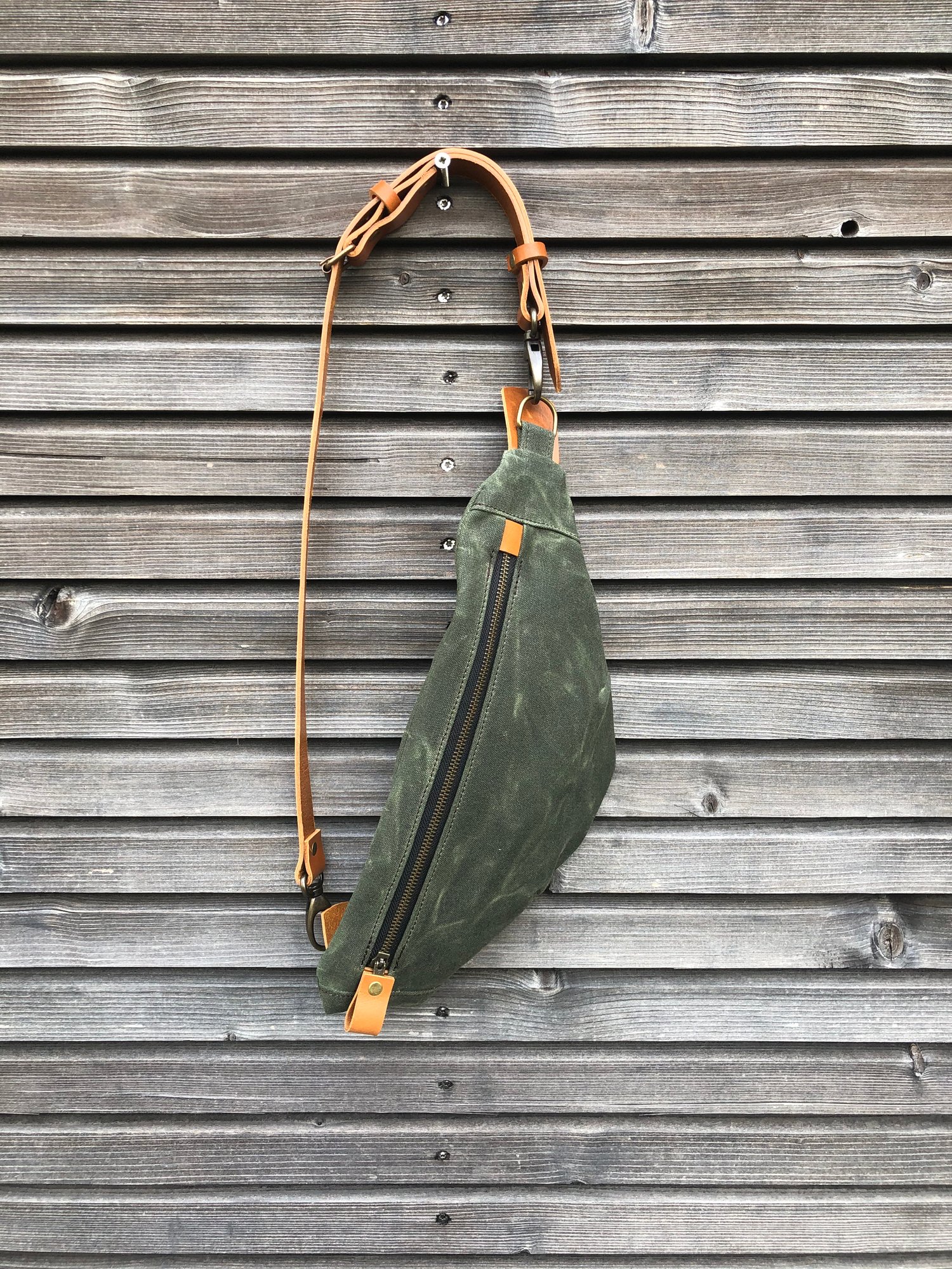 Image of Waxed canvas fanny pack / chest bag / day bag/ with leather shoulder strap