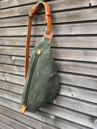 Image 2 of Waxed canvas fanny pack / chest bag / day bag/ with leather shoulder strap