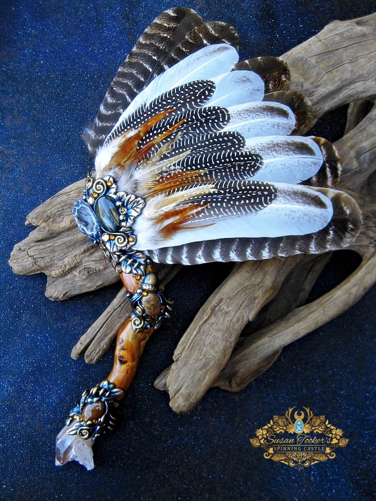 Image of GOLDEN WOOD GAIA - Turkey Feather Ritual Smudge Fan Labradorite Quartz Crystal Witchcraft Pagan Art