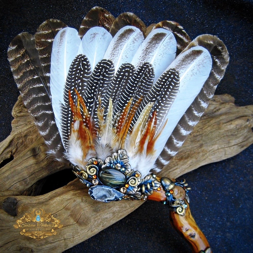 Image of GOLDEN WOOD GAIA - Turkey Feather Ritual Smudge Fan Labradorite Quartz Crystal Witchcraft Pagan Art