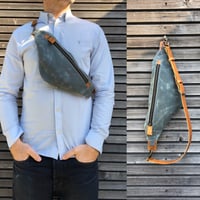Image 1 of Waxed canvas sling bag / fanny pack / chest bag with leather shoulder strap