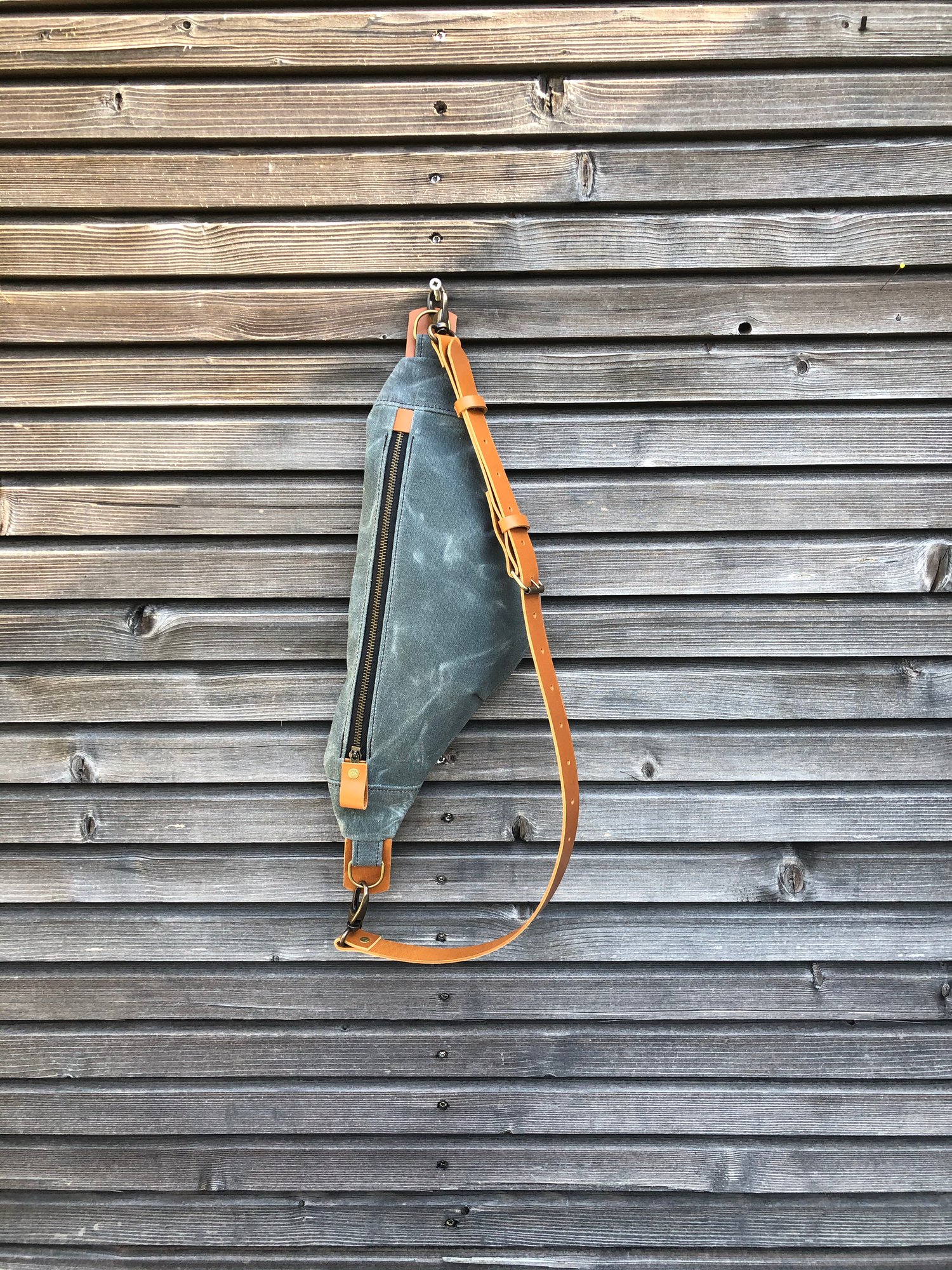 Image of Waxed canvas sling bag / fanny pack / chest bag with leather shoulder strap