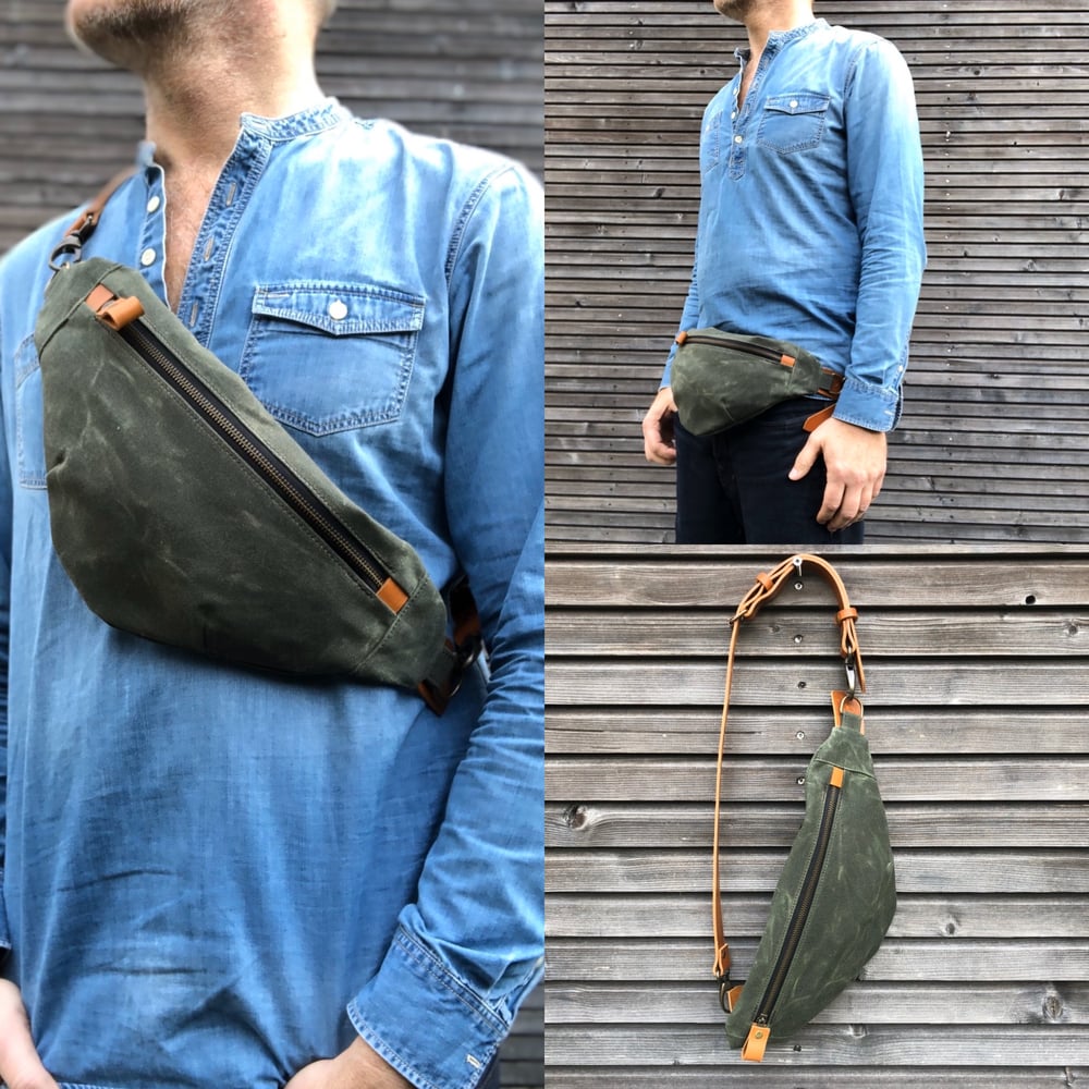 Image of Waxed canvas fanny pack / chest bag / day bag/ with leather shoulder strap