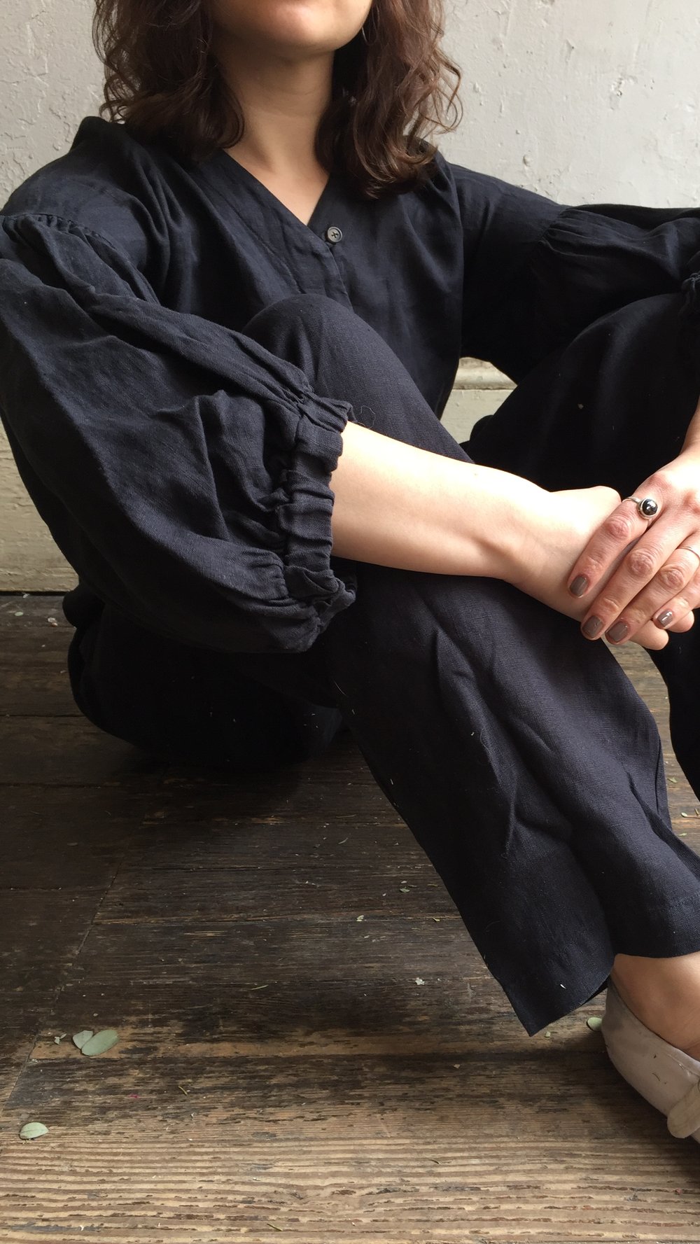 Black crane gathered jumpsuit sales