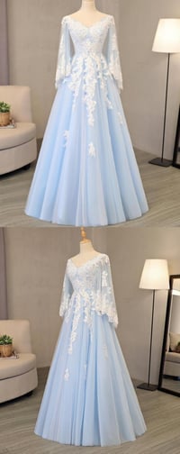 Image 1 of Charming Blue Tulle V-neckline Long Party Dress, Blue Prom Dress