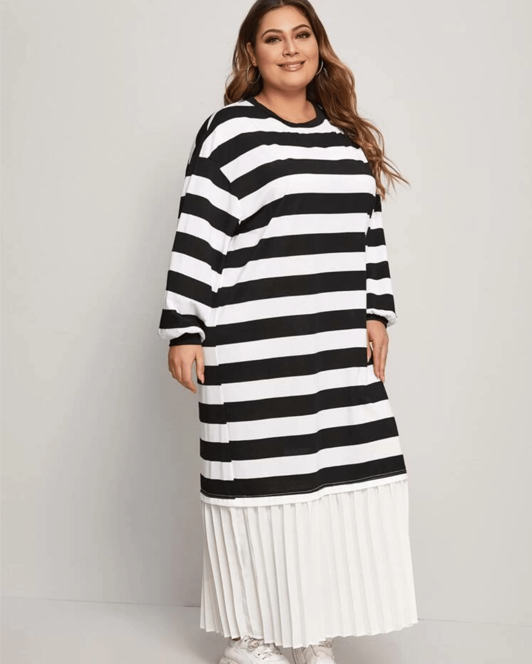 Image of Ballon Sleeve Pleated Hem Flounce Hem Two Tone Striped Dress
