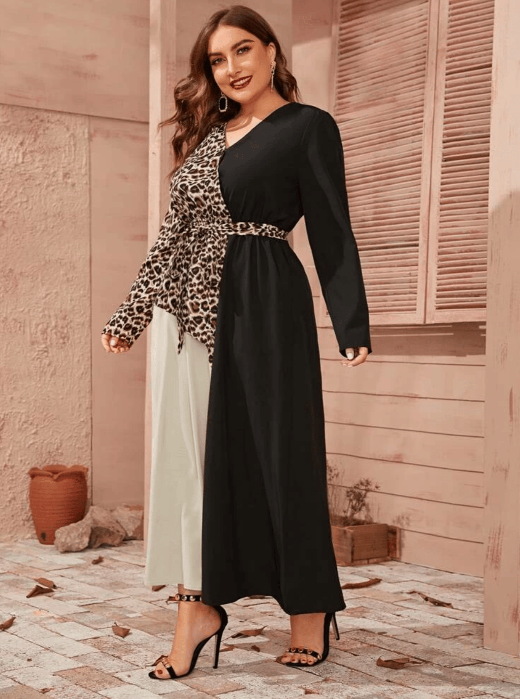 Image of Color-block leopard panel self belted dress