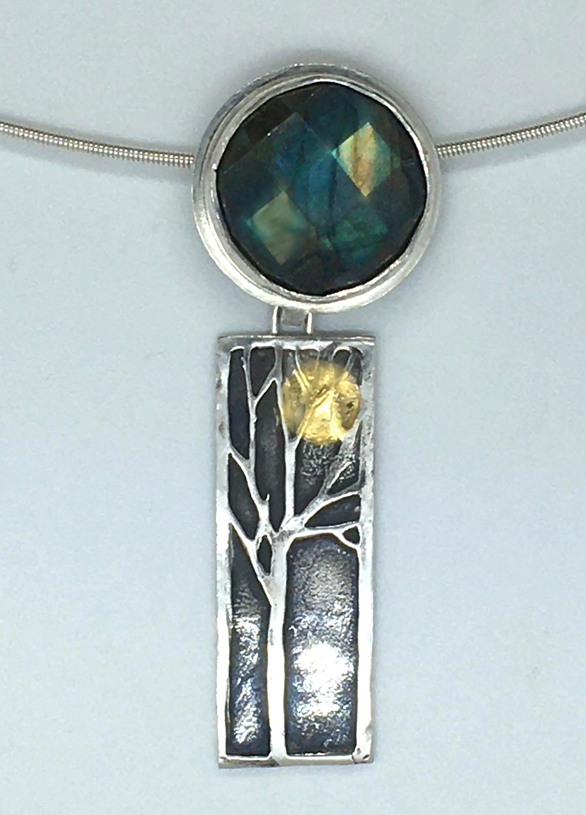 Image of Tree pendant with 24k gold moon and labradorite on neck cable