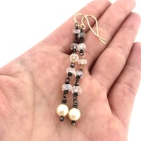 Image 4 of Long rainbow moonstone and pearl earrings