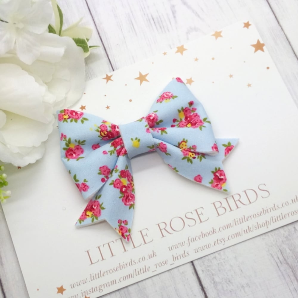 Blue Fabric Floral Bow