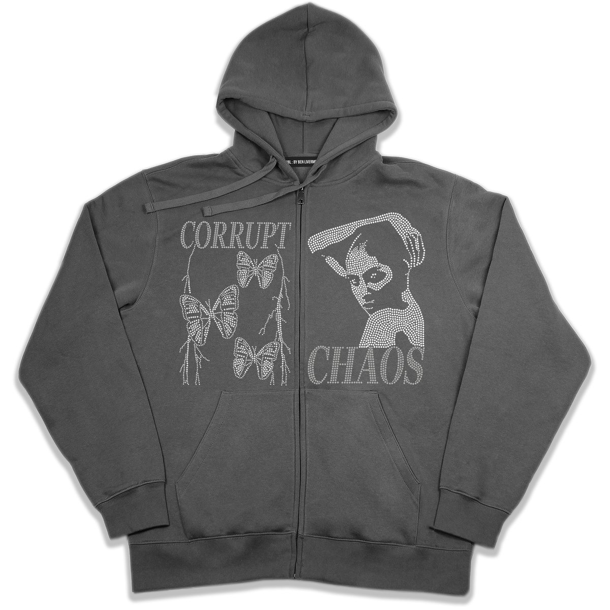 Chaos Rhinestone Zip Up Hoodie Grey BBL BY BEN LIVERMORE