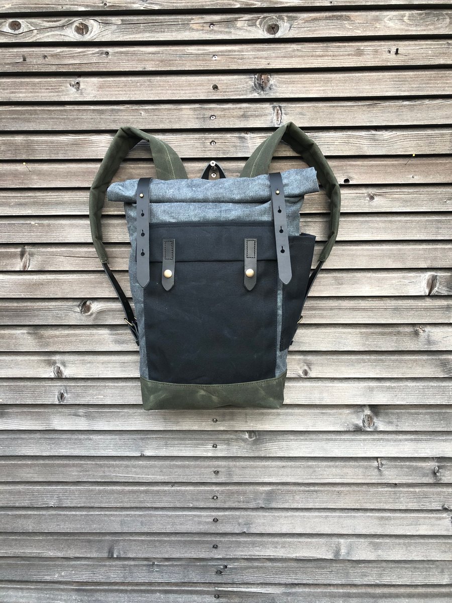 Image of Backpack in waxed denim leather Backpack medium size / Commuter backpack / Hipster backpack