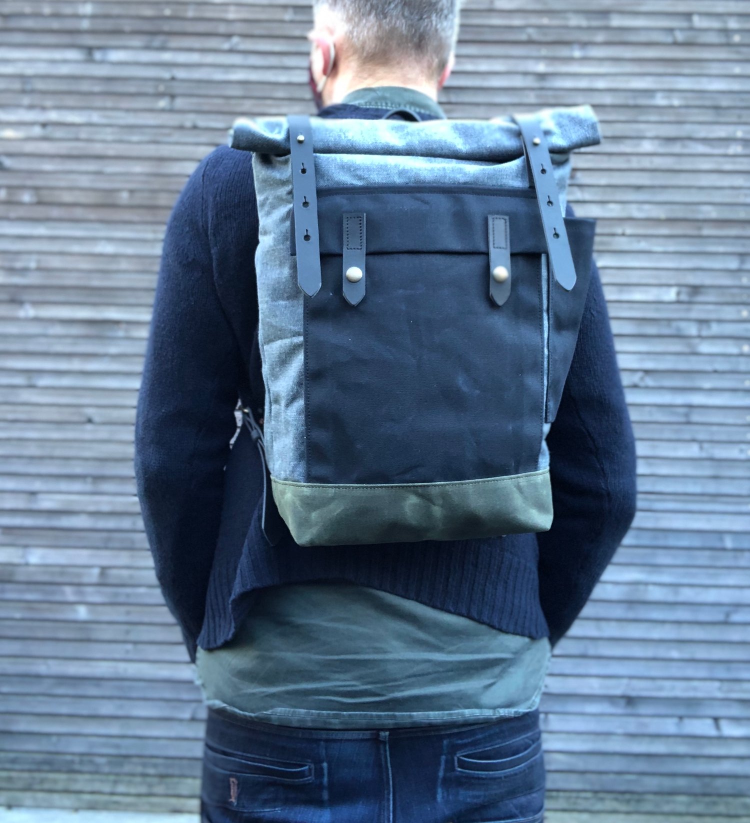 Image of Backpack in waxed denim leather Backpack medium size / Commuter backpack / Hipster backpack