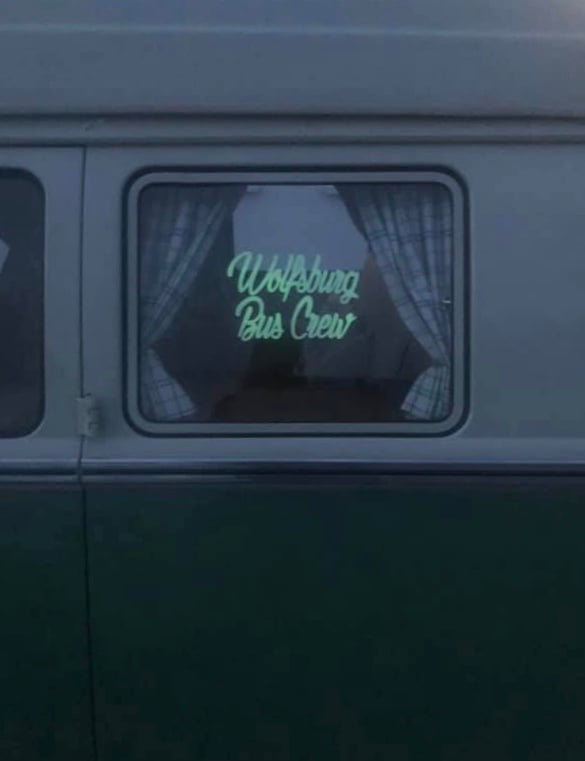 Image of Wolfsburg Bus Crew Glow in the Dark Large Logo or Large Windscreen Script Sticker