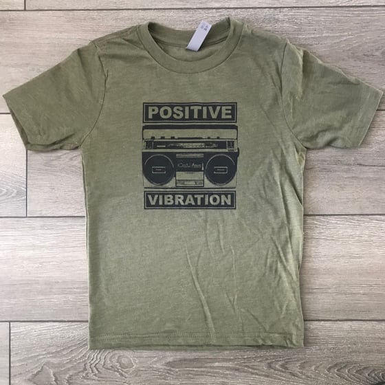 Image of Kids Positive Vibration Radio Military Green Shirt