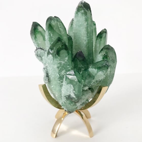 Image of Green Phantom Quartz Crystal Cluster no.02 + Brass Claw Stand