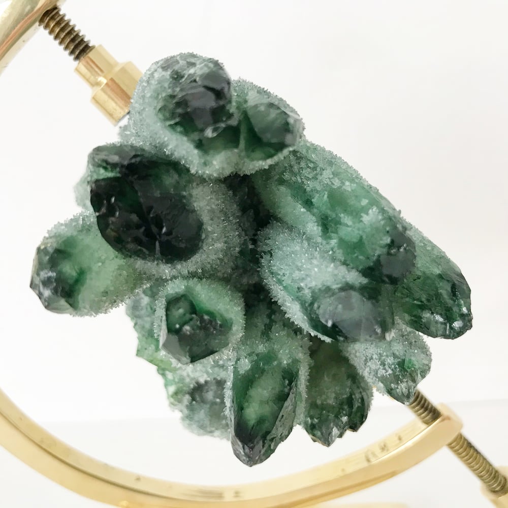 Image of Green Phantom Quartz Crystal Cluster no.05 + Brass Arc Stand
