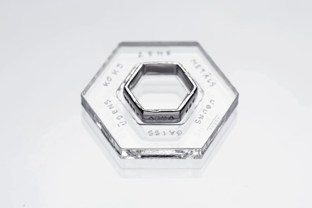 Image of silver hexagon ring with inscription in Latin 