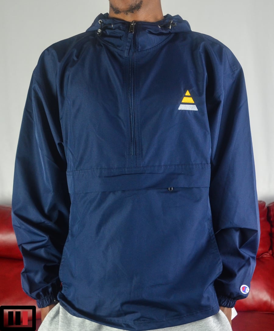 Image of "Tri" Navy blue Embroidered Champion Packable Jacket ( Yellow, Silver )