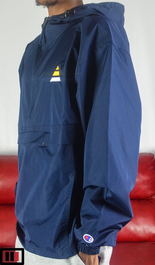 Image of "Tri" Navy blue Embroidered Champion Packable Jacket ( Yellow, Silver )
