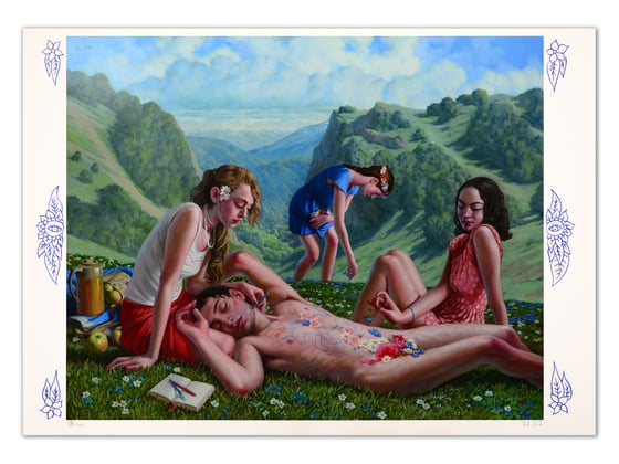 Image of "Sweet Surrender" giclee print, embellished with blue drawings on the sides