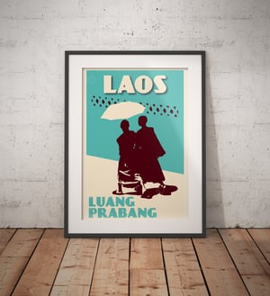 Image of Vintage poster Laos - Luang Prabang - Monks Turquoise - Fine Art Print