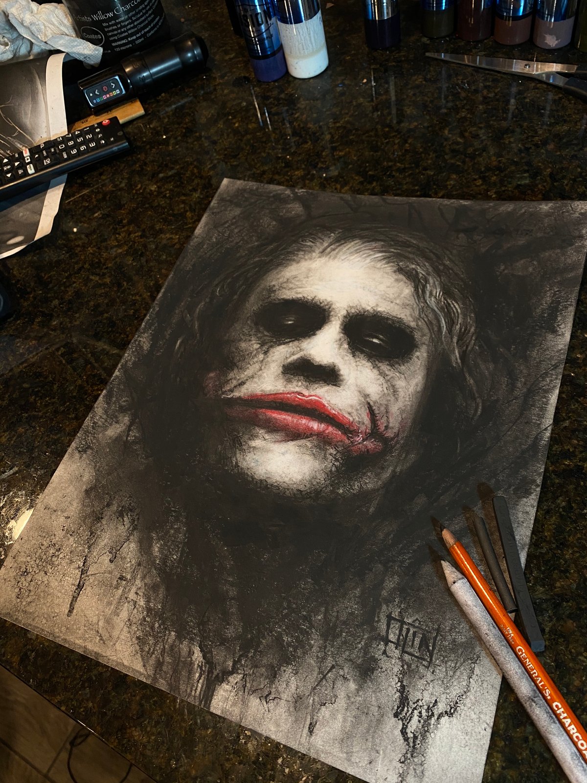 Joker original charcoal drawing Evan Olin