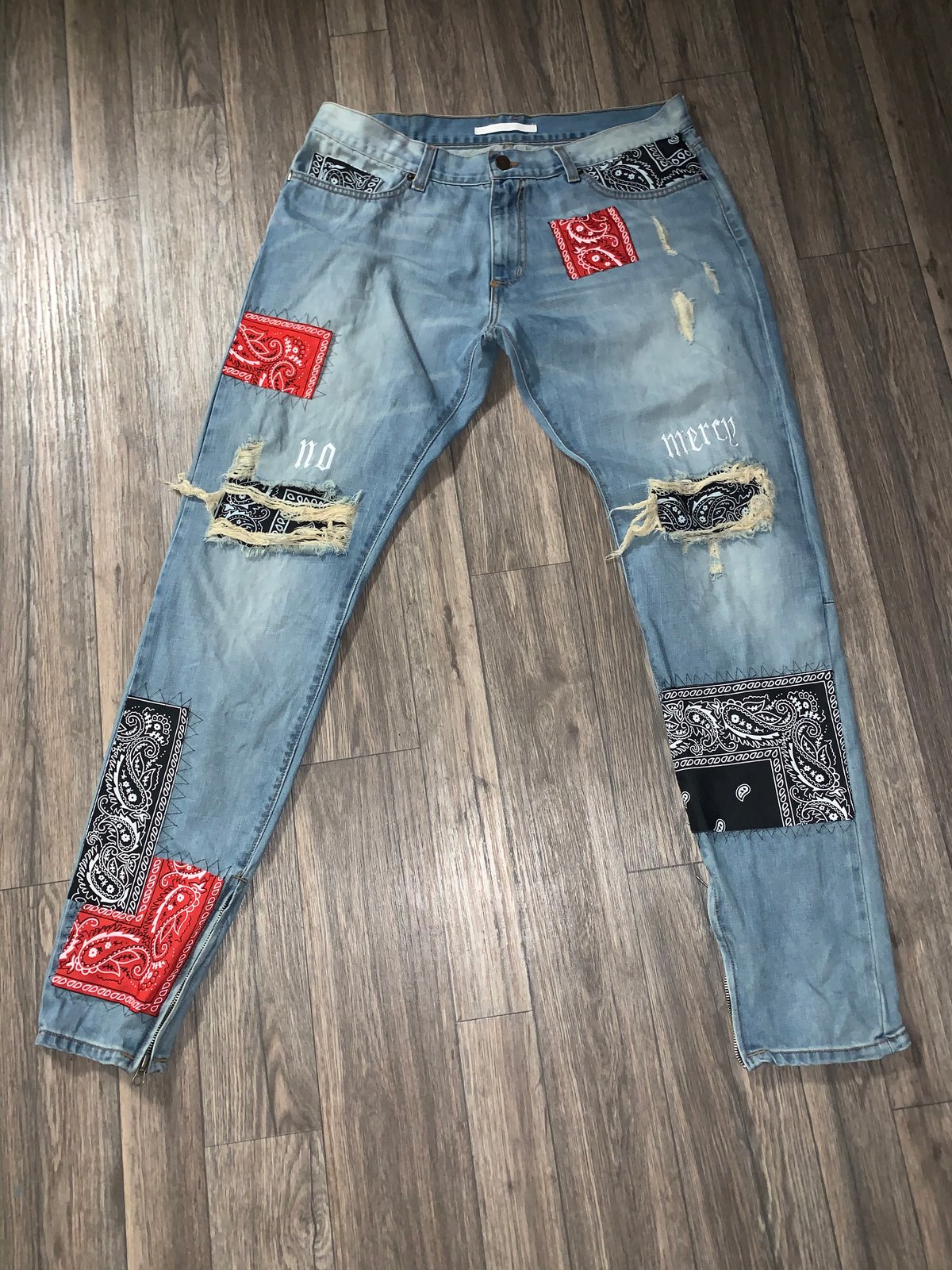 jeans with bandana patches