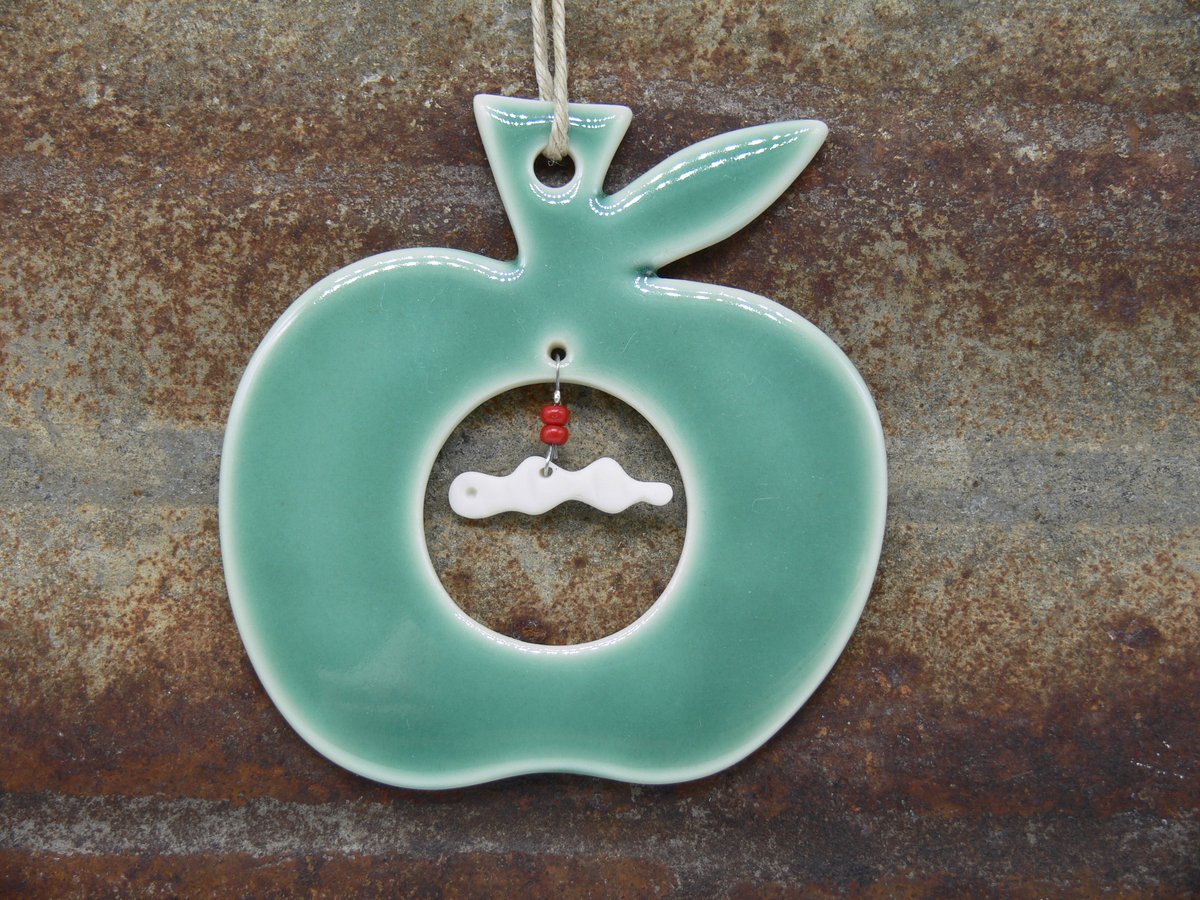 Image of Porcelain Apple and worm decoration