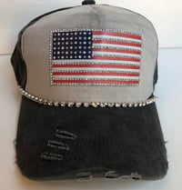 Image 1 of Acid Washed Charcoal  Baseball Hat with Crystal  America  Flag