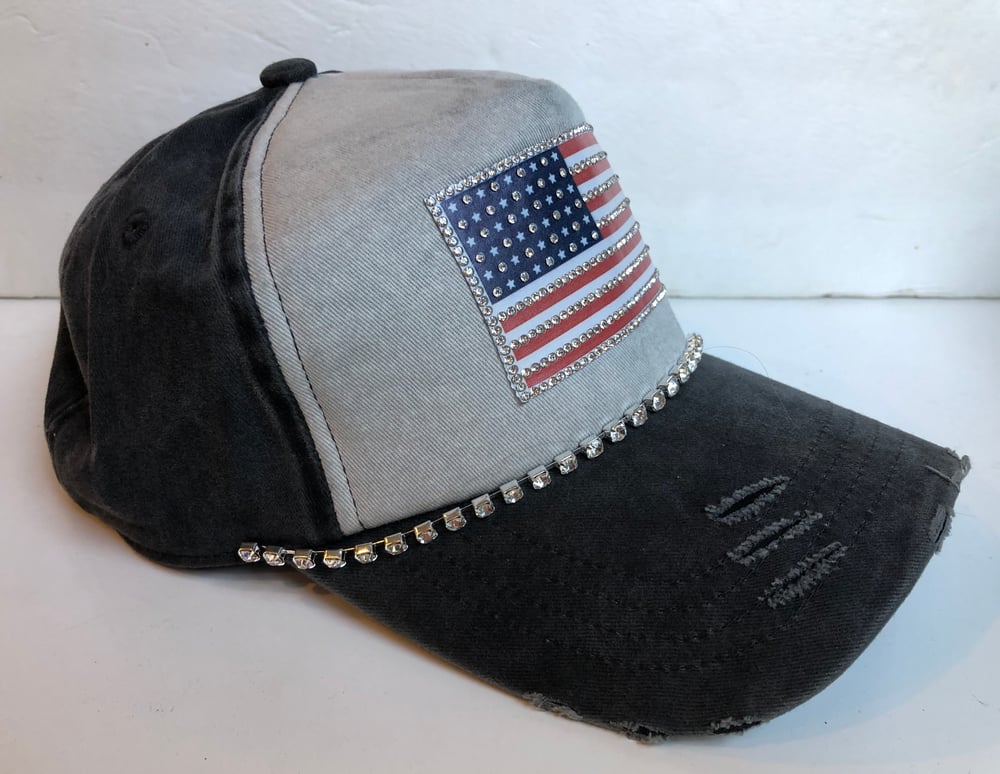 Acid Washed Charcoal  Baseball Hat with Crystal  America  Flag